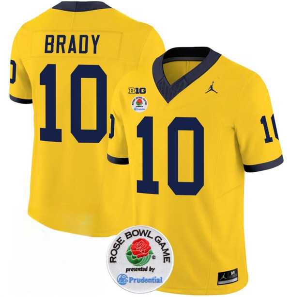 Mens Michigan Wolverines #10 Tom Brady 2023 F.U.S.E. Yellow Rose Bowl Patch Stitched Jersey Dzhi